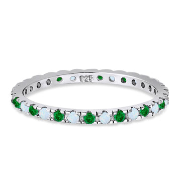 Stackable Band Wedding Ring Round Full Eternity Lab White Opal & Simulated Green Emerald CZ 925 Sterling Silver